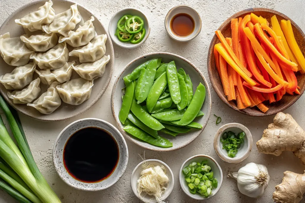 Fresh potsticker stir fry ingredients including frozen dumplings, bell peppers, snap peas, carrots, jalapeño, garlic, ginger, soy sauce, and sesame oil