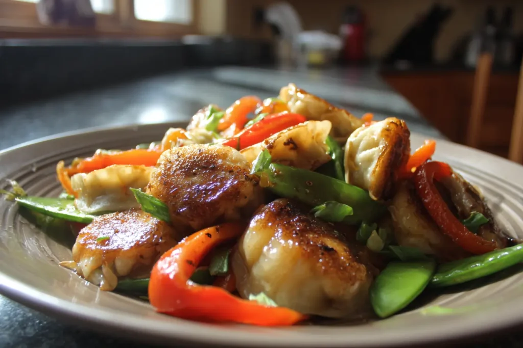 Potsticker stir fry served on a plate with colorful vegetables and crispy dumplings in a cozy home setting