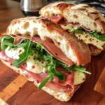 Prosciutto sandwich on toasted ciabatta with mozzarella and arugula