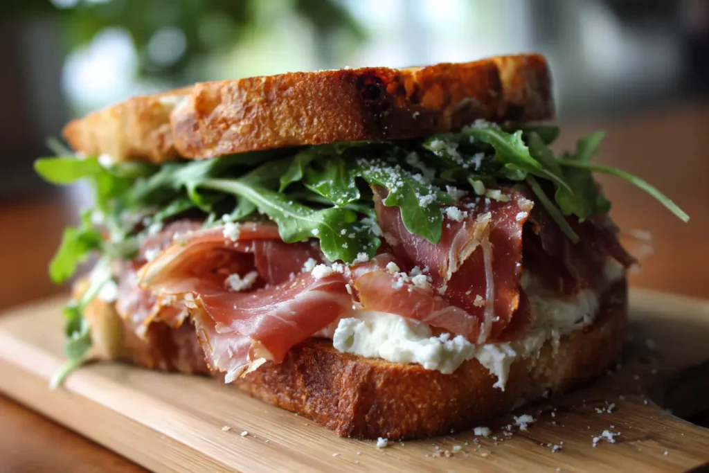Prosciutto sandwich assembly with hands spreading cheese and layering prosciutto