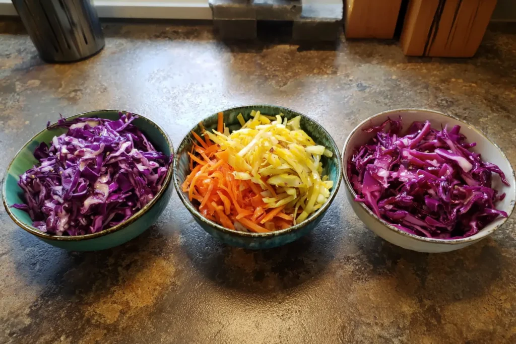 Three versions of purple cabbage slaw with different dressings