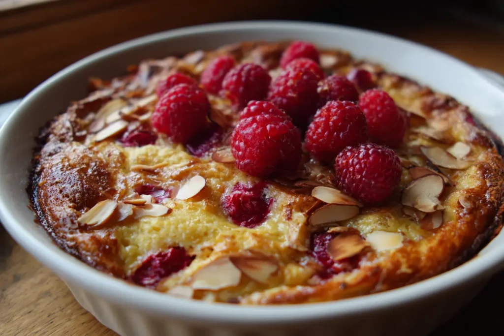 Homemade raspberry almond croissant baked oats in a casserole dish with a golden top and toasted almond slices.