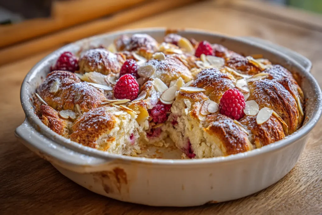Baked oats casserole with croissant pieces and raspberries, one slice removed to show the soft custardy texture inside.
