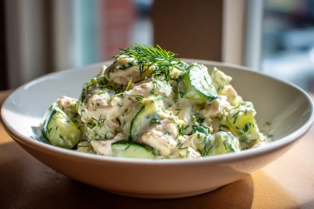 Bowl of chicken cucumber yogurt dill salad with fresh dill garnish and cucumber chunks in warm window light.