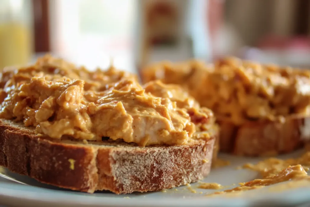 Refried beans spread on toasted bread for a chicken torta sandwich