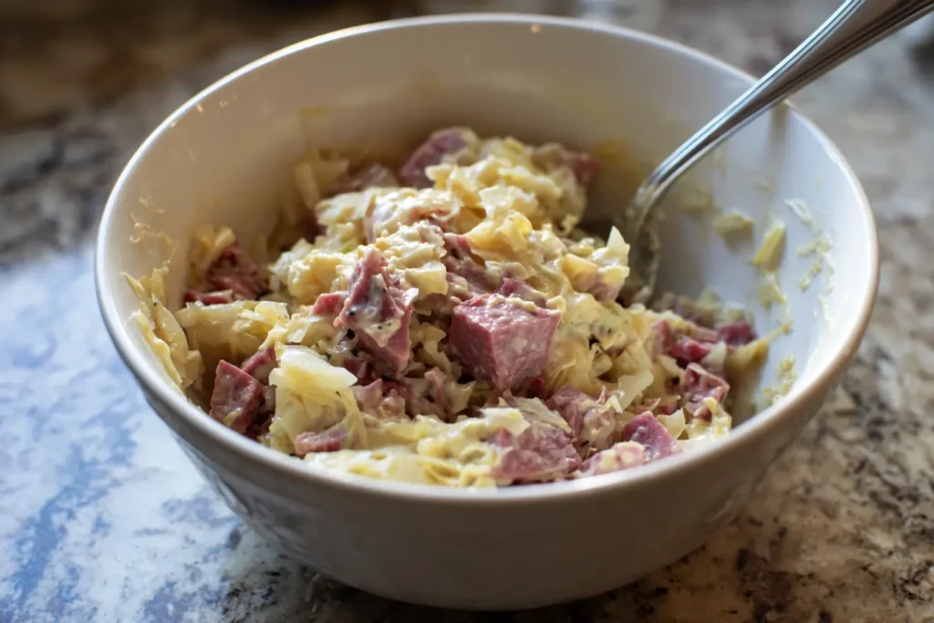 Mixing bowl of corned beef, sauerkraut, Swiss cheese, Dijon mustard, and dressing for keto Reuben roll-ups