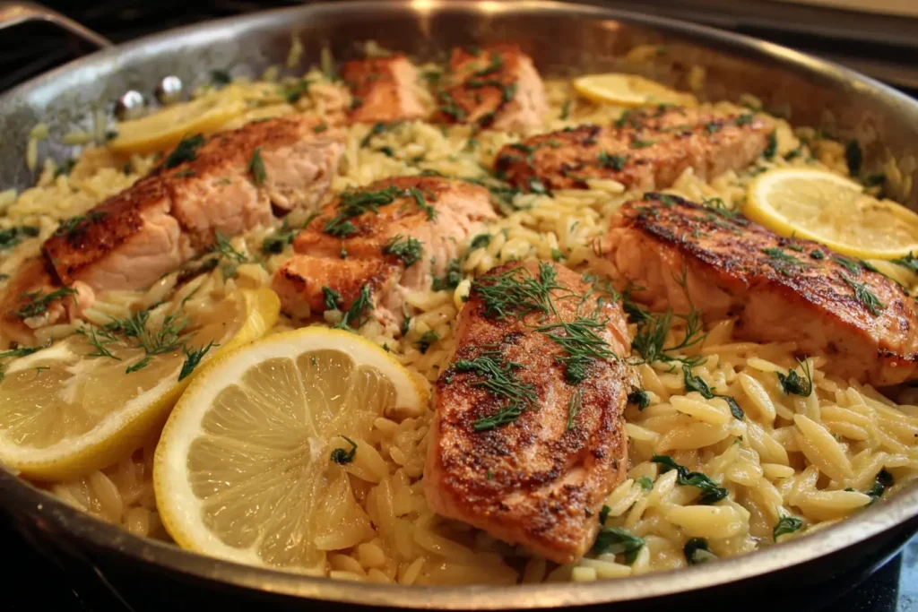 Juicy salmon nestled into creamy orzo in a skillet for an easy weeknight dinner.