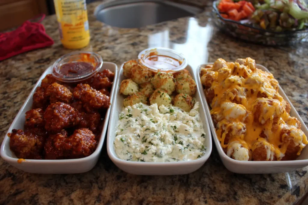 Three bowls of FireCracker Dip labeled mild, medium, and hot with different toppings