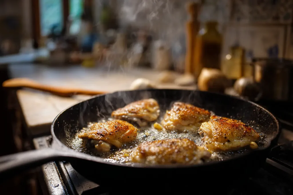 Chicken thighs searing skin-side down in a cast iron skillet with sizzling oil and garlic