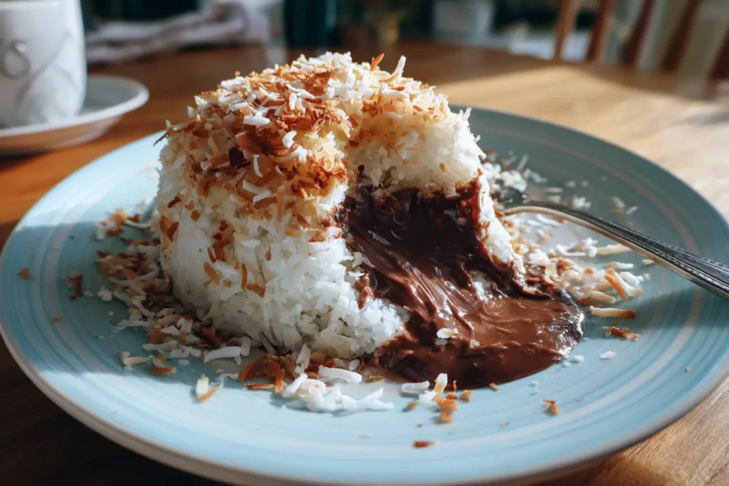 Coconut dome dessert served casually on a plate with toasted coconut flakes and soft crumbs