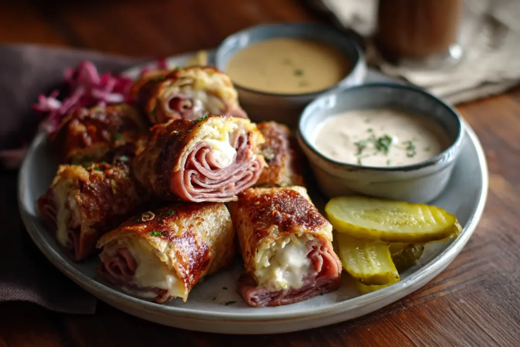 Keto Reuben roll-ups served with pickles, mustard, and creamy dipping sauce on a plate