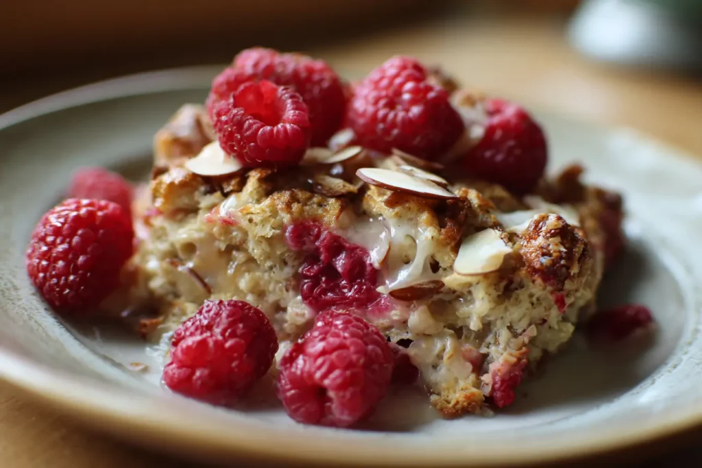 A hearty serving of raspberry almond croissant baked oats on a plate, topped with sliced almonds and baked raspberries.