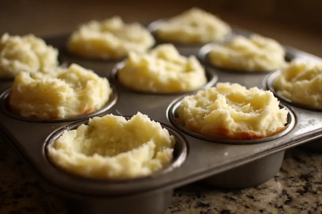 Pressing mashed potatoes into a muffin tin to form potato nests