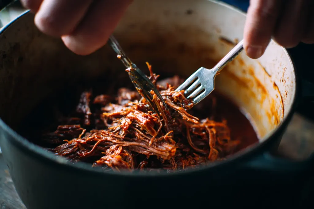 Hands shredding tender venison barbacoa with forks inside a pot