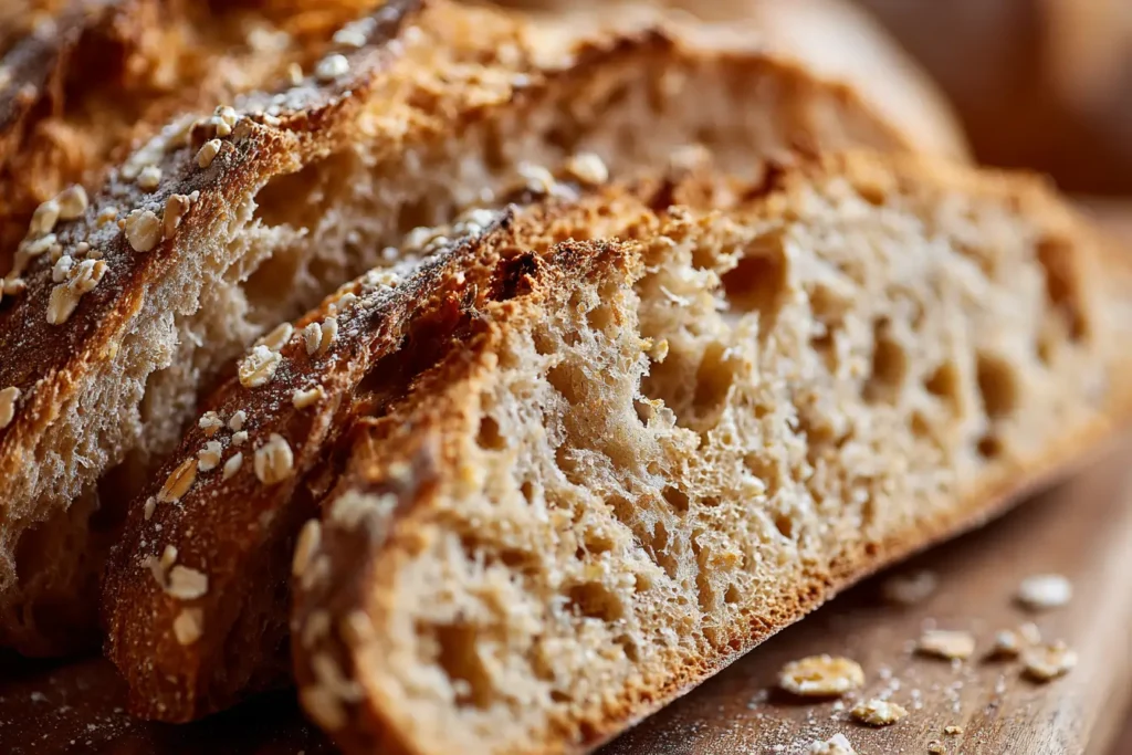 Sliced honey oat sourdough bread with a hearty crumb and oats, photographed in soft daylight for serving inspiration.