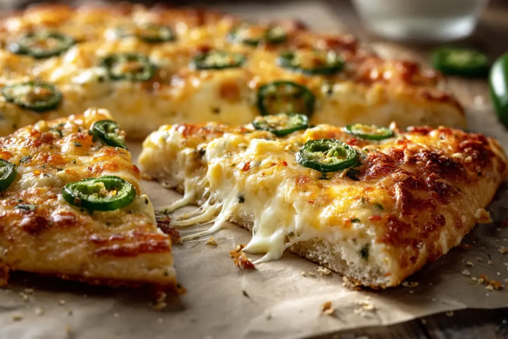 Close-up of sliced jalapeño popper pizza showing creamy cheese layers, melted cheese stretch, and jalapeño topping