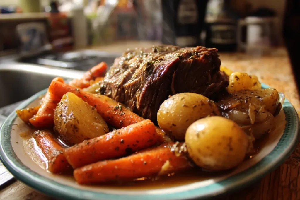 Slow Cooker Amish Pot Roast with carrots and potatoes in rich savory broth, homemade comfort food