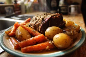 Slow Cooker Amish Pot Roast with carrots and potatoes in rich savory broth, homemade comfort food