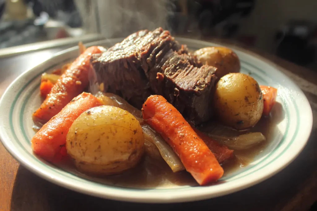 Homemade Slow Cooker Amish Pot Roast with carrots and potatoes in rich broth on a casual plate