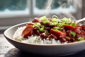 Slow Cooker Cajun red beans and rice in a ceramic bowl with smoked sausage and green onions