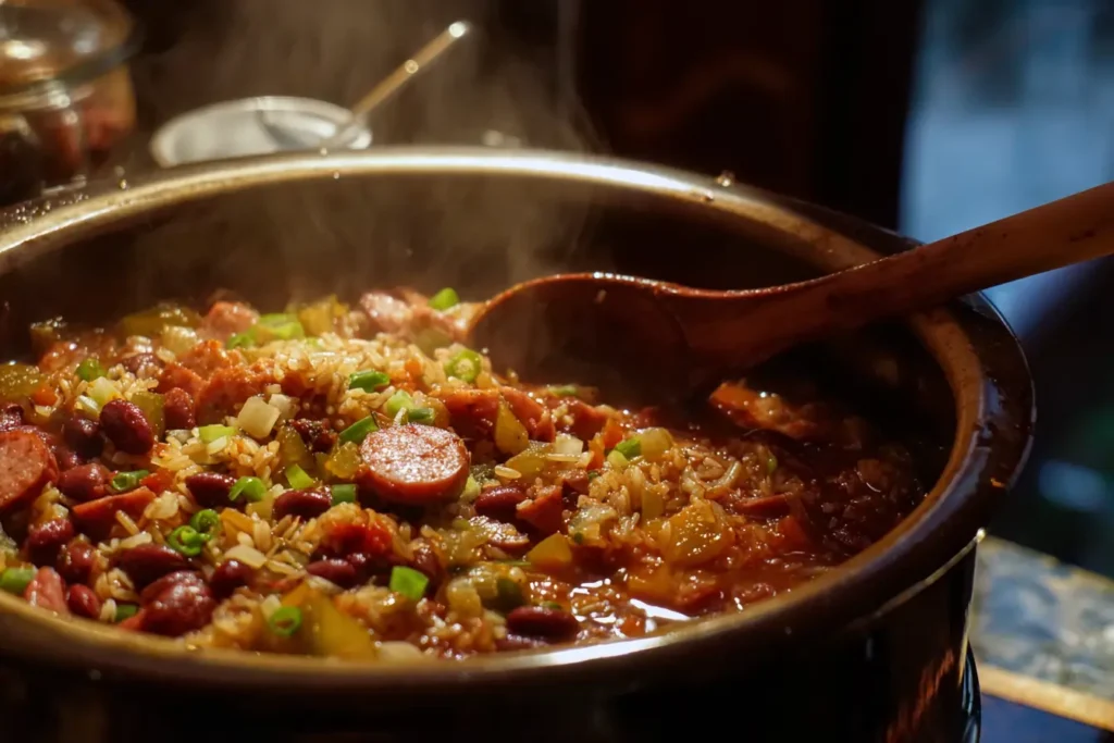 Close-up of creamy Cajun red beans in a thick sauce with spices and smoked sausage slices