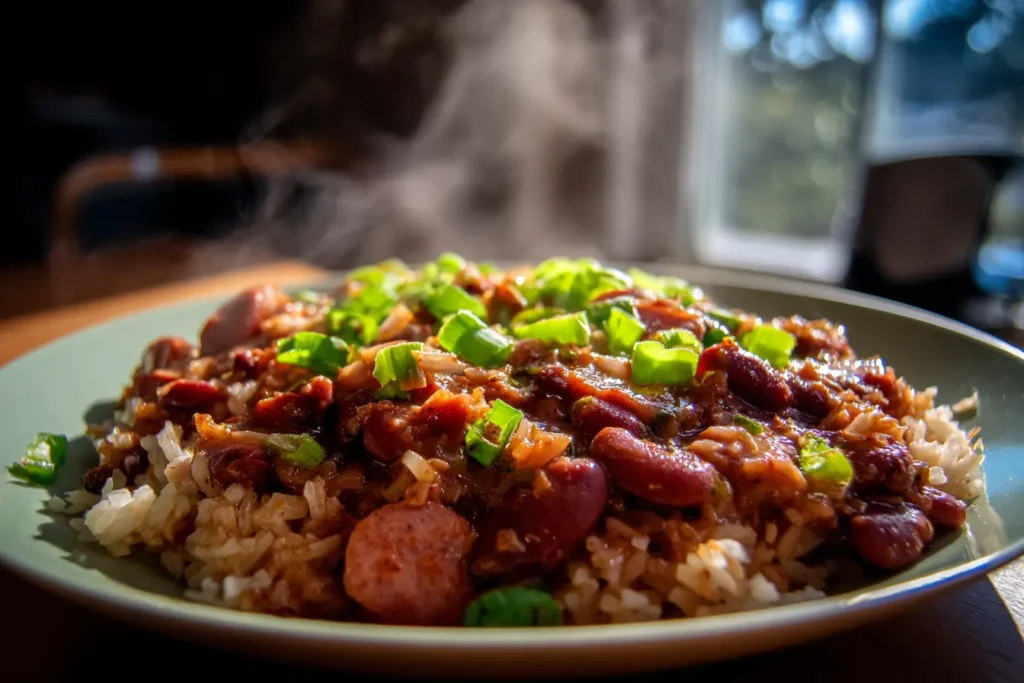 Hearty serving of slow cooker Cajun red beans and rice with smoked sausage and green onions on a plate