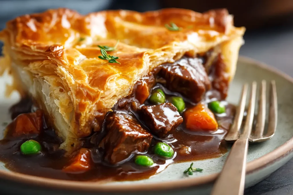 Slice of steak and ale pot pie served on a plate with flaky crust, rich beef filling, and gravy