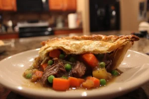 Homemade steak and ale pot pie with golden flaky crust, tender beef, carrots, and peas, served casually on a plate