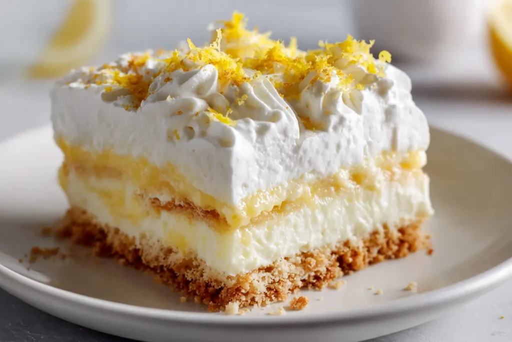 Layered lemon lush dessert slice showing graham crust, cream cheese layer, lemon pudding, and whipped topping