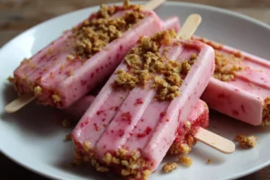 Strawberry yogurt pops with granola on a plate, homemade popsicles with strawberry bits in natural light