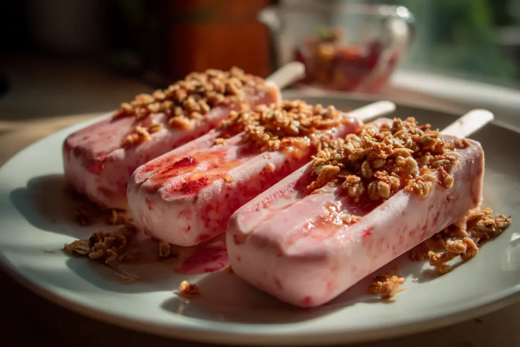 Strawberry yogurt pops with granola served casually on a plate, homemade summer dessert in natural light