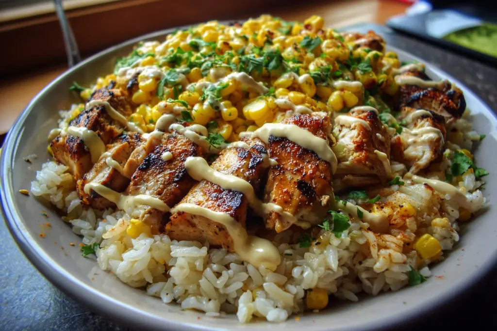 Homemade street corn chicken rice bowl with fluffy rice, grilled chicken, creamy corn topping, and cilantro in a casual bowl.