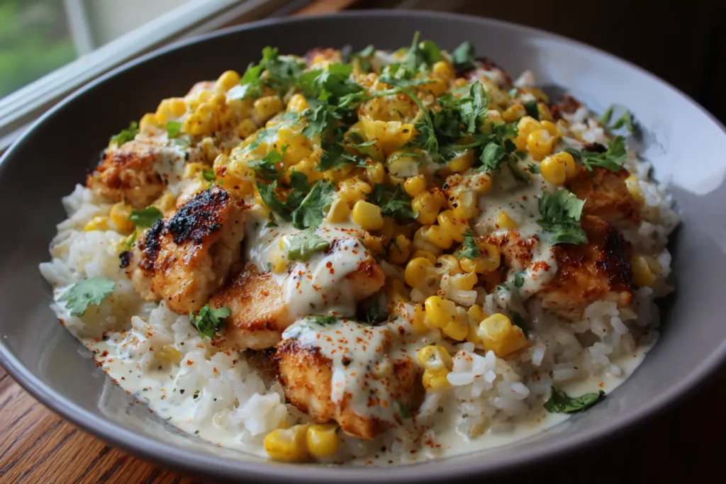 Served street corn chicken rice bowl topped with creamy corn, grilled chicken, and fresh cilantro in a casual home-style setting.