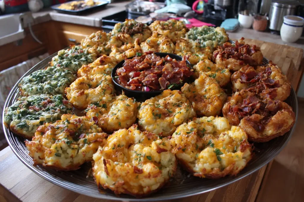 Stuffed mashed potato nests showing different filling variations