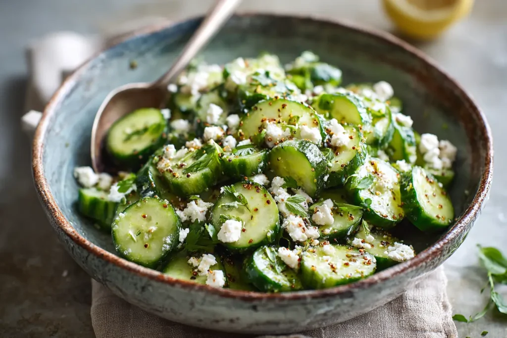 Sumac cucumber salad with feta crumbles, fresh herbs, and lemon in a rustic bowl