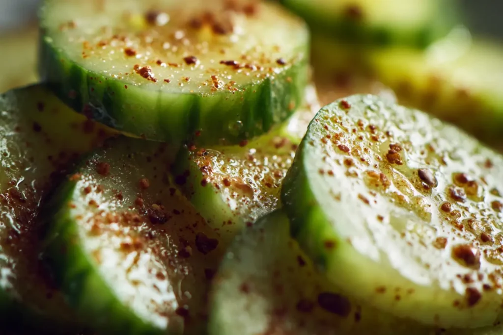 Close-up of cucumber slices coated in sumac and lemon dressing with visible spice