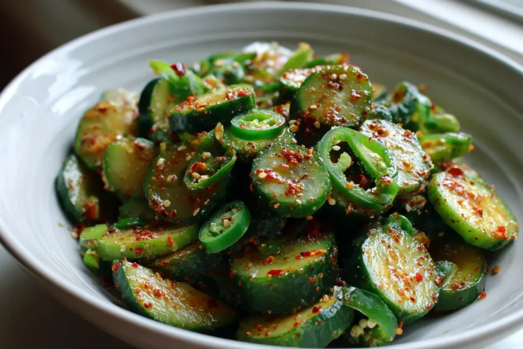Homemade sumac cucumbers in a bowl with jalapeño slices and lemon dressing