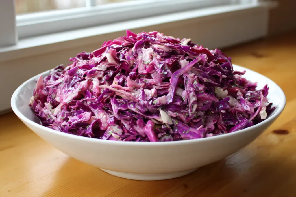 Tangy purple cabbage slaw in a white bowl