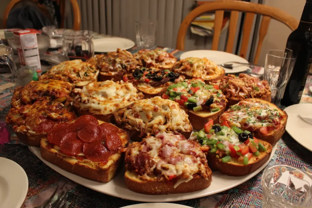Variety platter of texas toast pizzas with pepperoni, veggie, and BBQ chicken