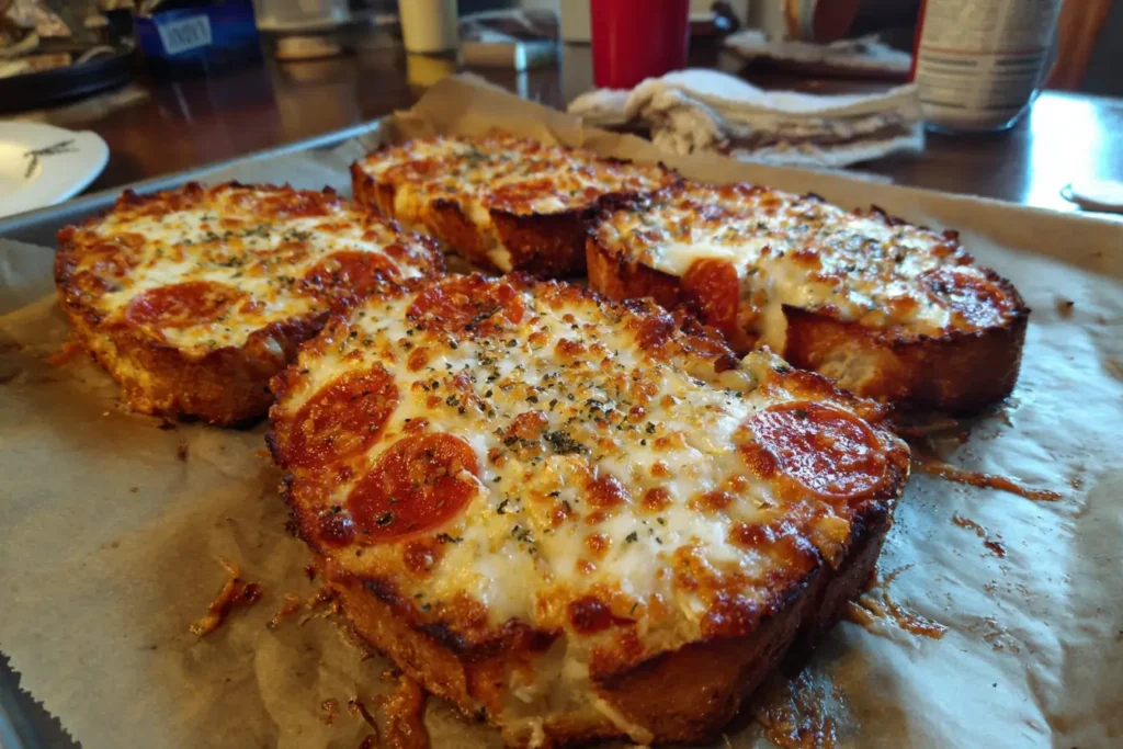 Texas toast pizzas on a baking sheet with bubbly cheese and pepperoni