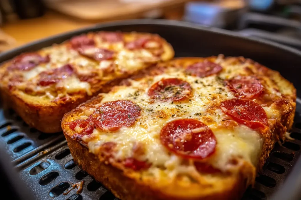 Texas toast pizzas cooking in an air fryer basket with melted cheese
