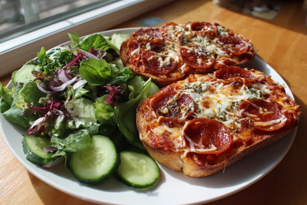 Texas toast pizzas served with a side salad on a plate