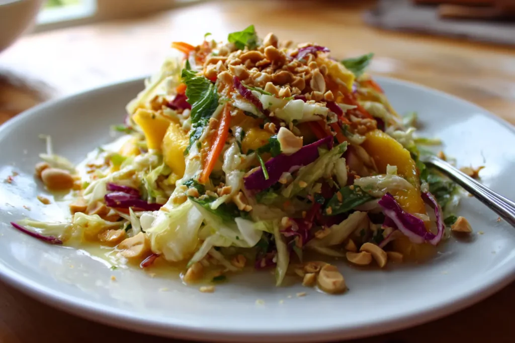 Thai mango salad served in a simple bowl with fresh herbs, peanuts, and colorful shredded vegetables