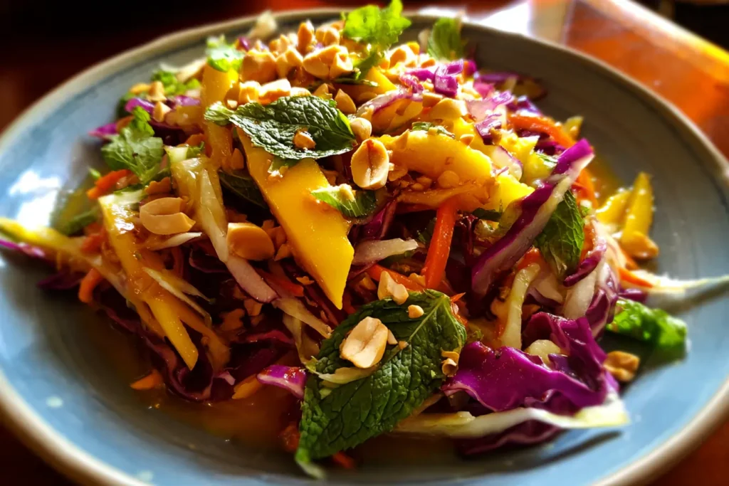 Thai mango salad made with green mango, cabbage, carrots, peanuts, and fresh herbs in a homemade kitchen setting