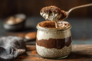 Tiramisu chia pudding in a glass jar topped with cocoa powder