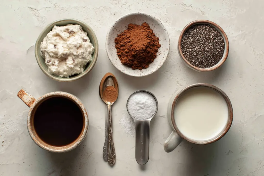 Ingredients for tiramisu chia pudding including chia seeds, coffee, yogurt, and cocoa