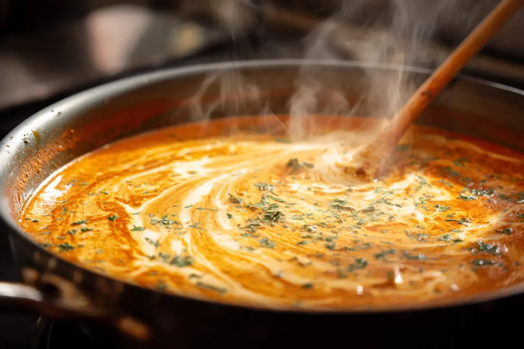 Tomato cream sauce simmering in a pan with herbs and steam