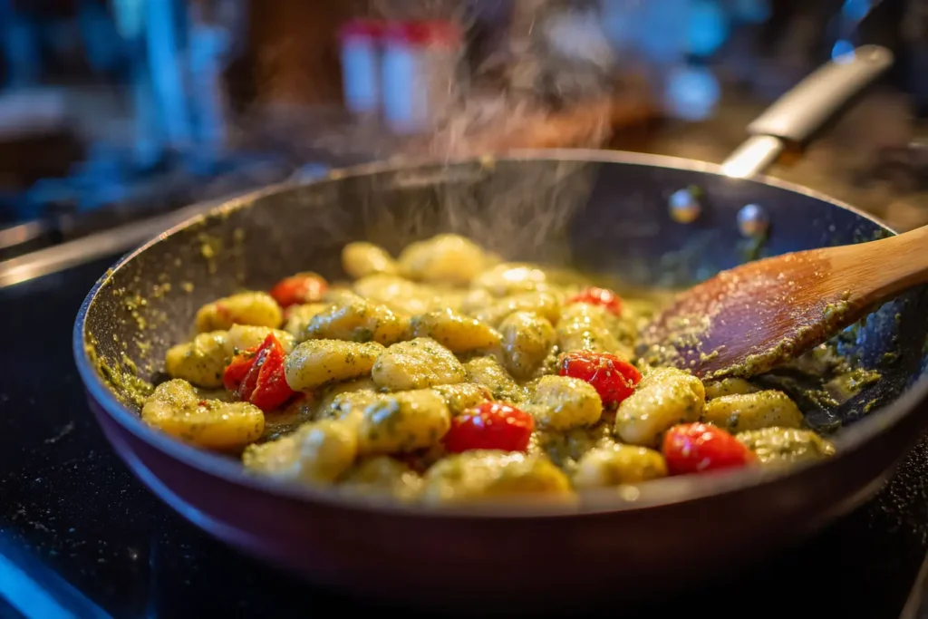 Gnocchi being tossed in creamy pesto sauce in a skillet with cherry tomatoes