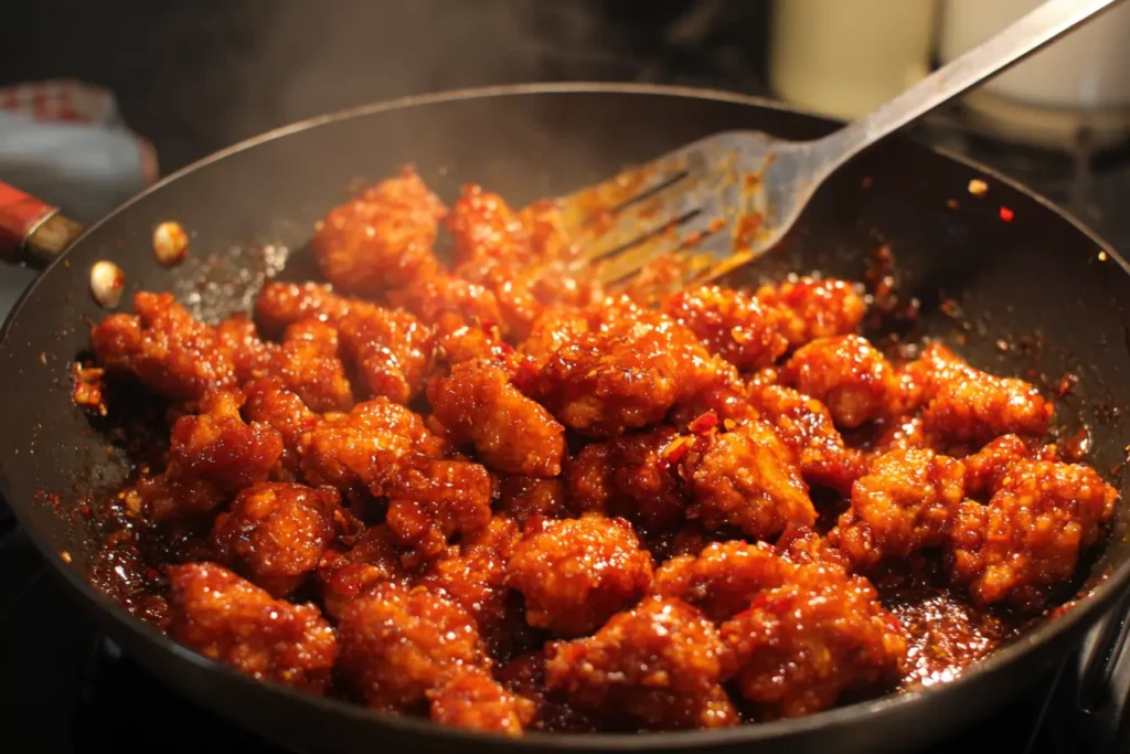Fried chicken being quickly tossed in a pan with glossy General Tso’s sauce using tongs, with steam rising in a home kitchen.
