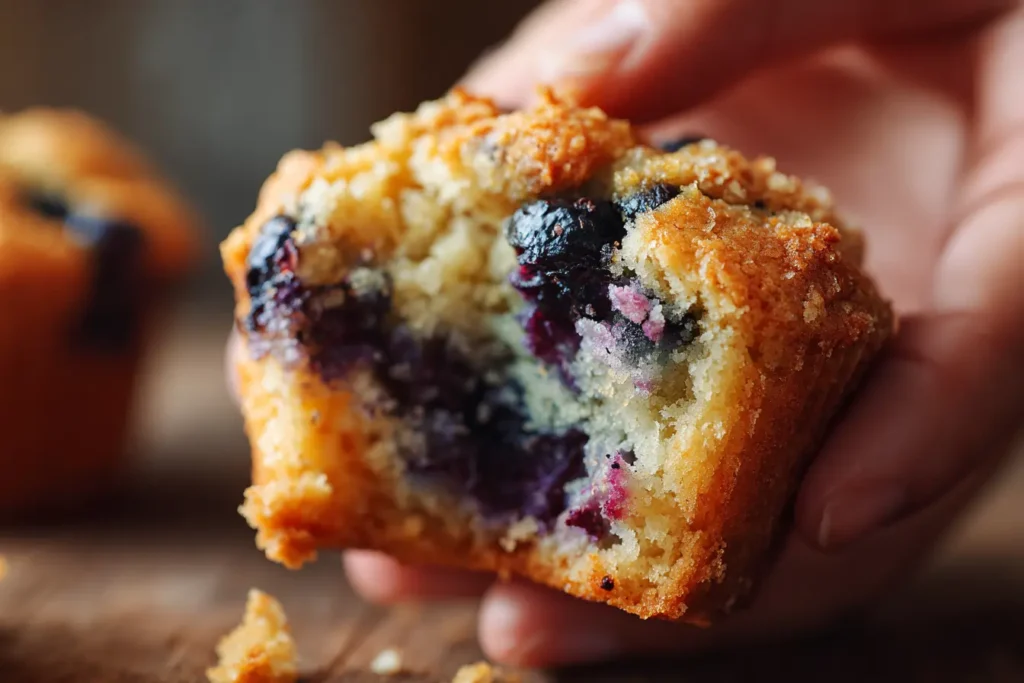 Vegan blueberry muffin torn open showing a soft, fluffy interior with juicy blueberries and crumbs